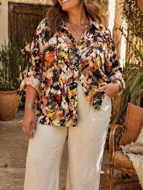 For Cynthia Plus Size Linen Viscose Multicolor Butterfly Print Button Down Top